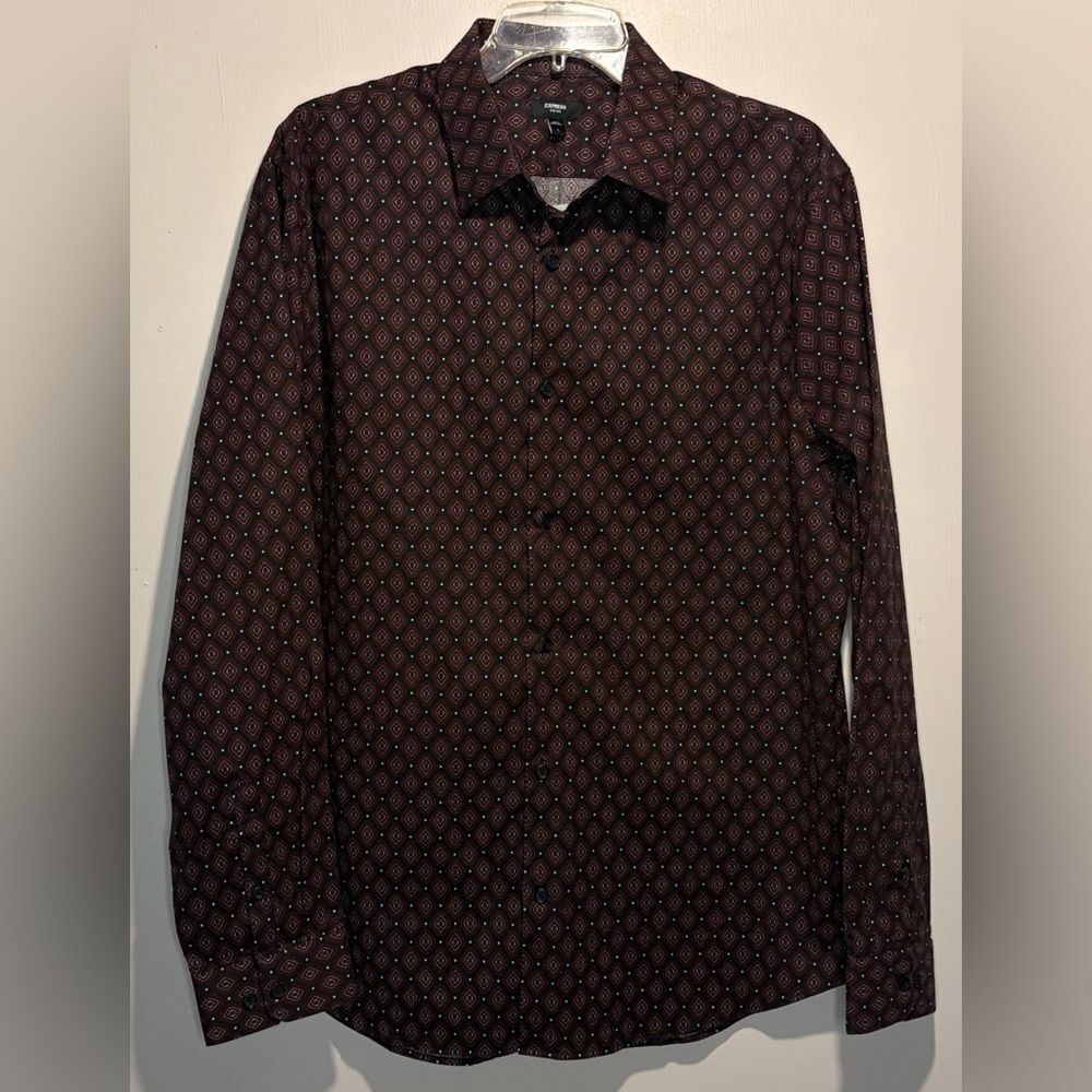 Express- NWT Men's Dress Shirt Slim 1MX Brown Dark Red Pattern Design- Size L